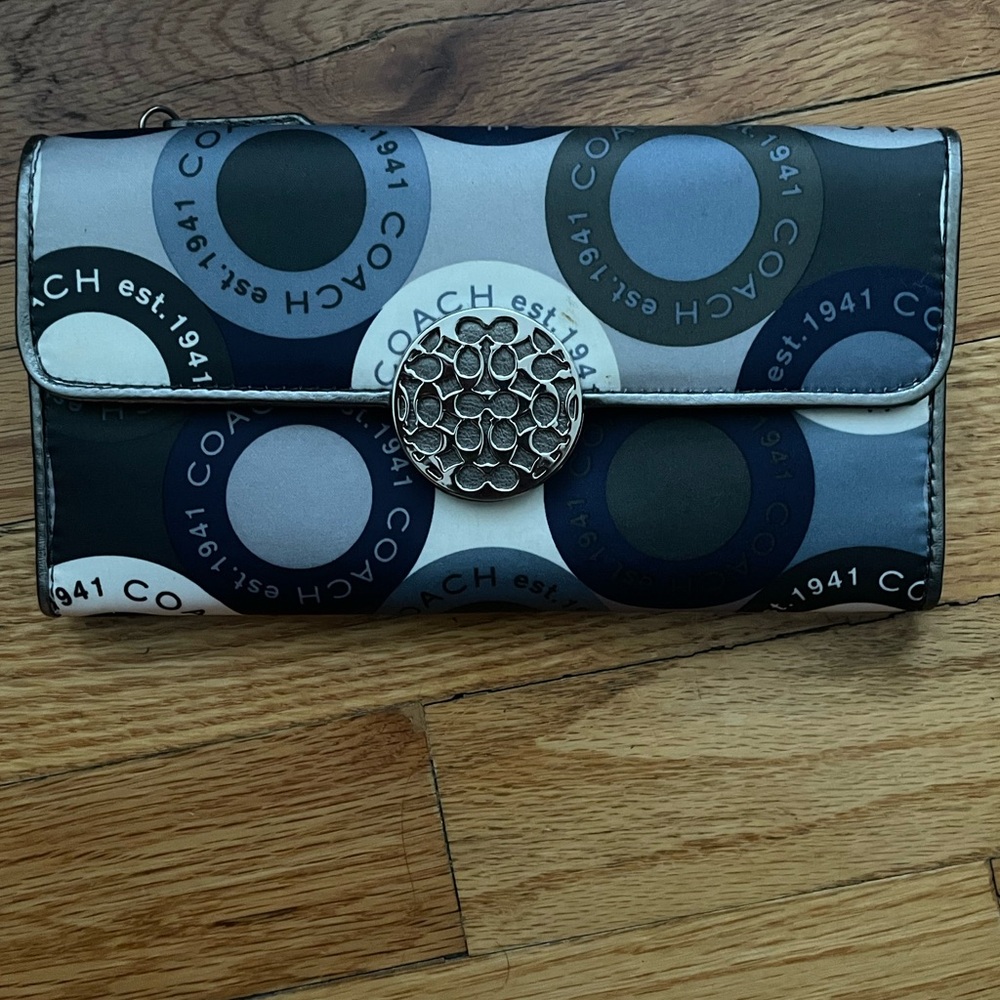 Vintage Coach Blue and Gray Wallet with Geometric Pattern.